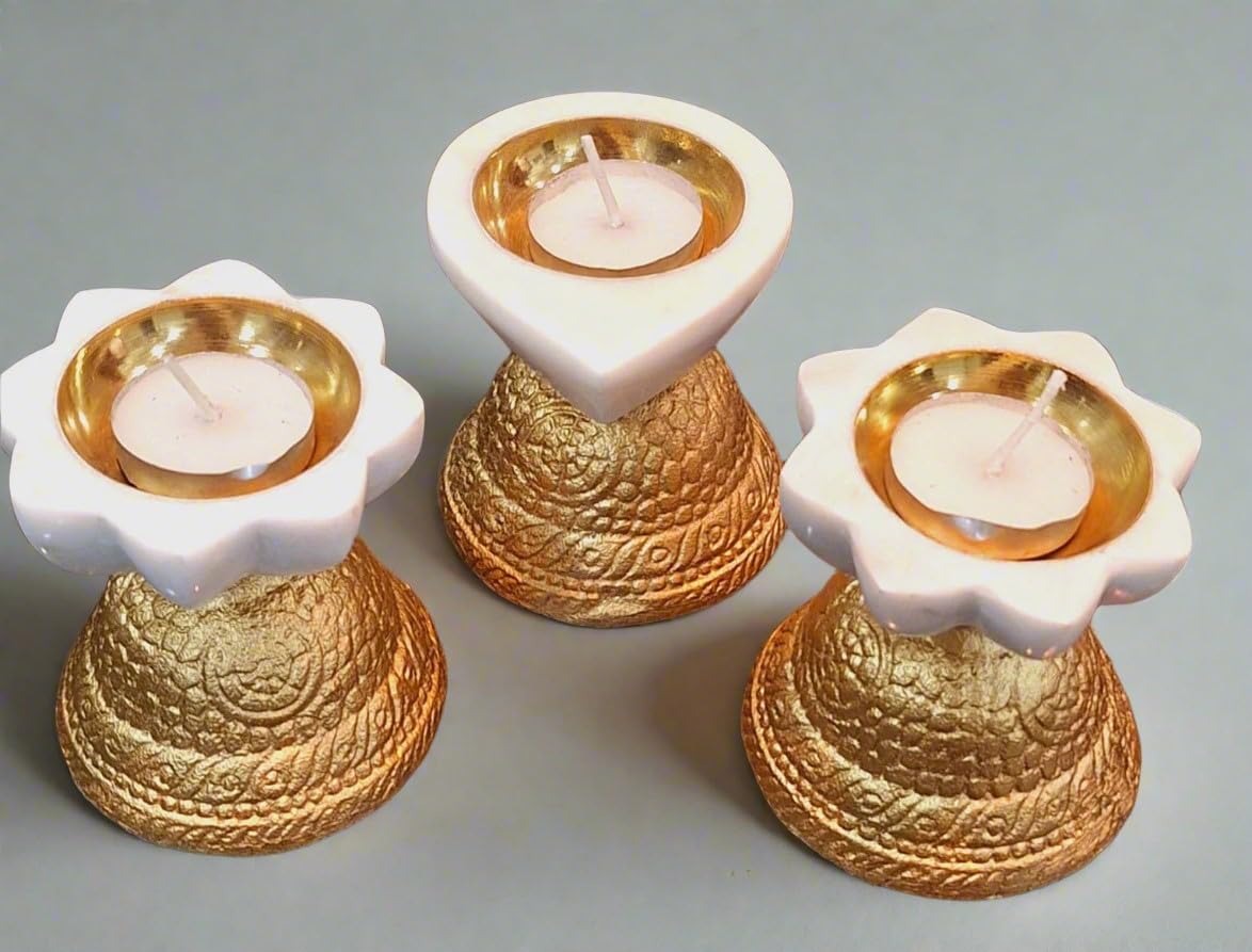 indiancraftbykanika Set of 3 Marble Tea Light Holder with Golden Metal Stand for Home décor with 6 Wax Tea Lights, 3"