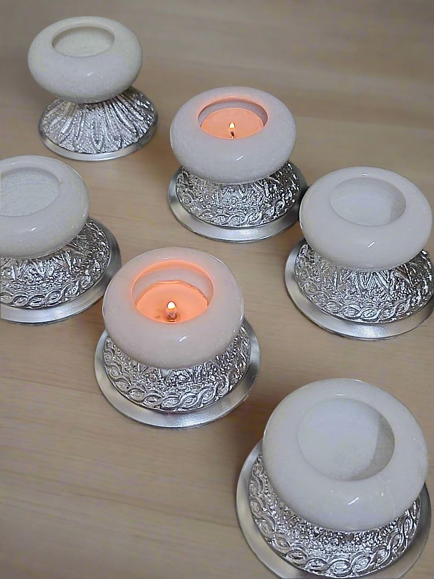 Set of 3 White Marble Tea Light Holder with Silver Metal Stand and 6 Wax Tea Lights for Home Decor