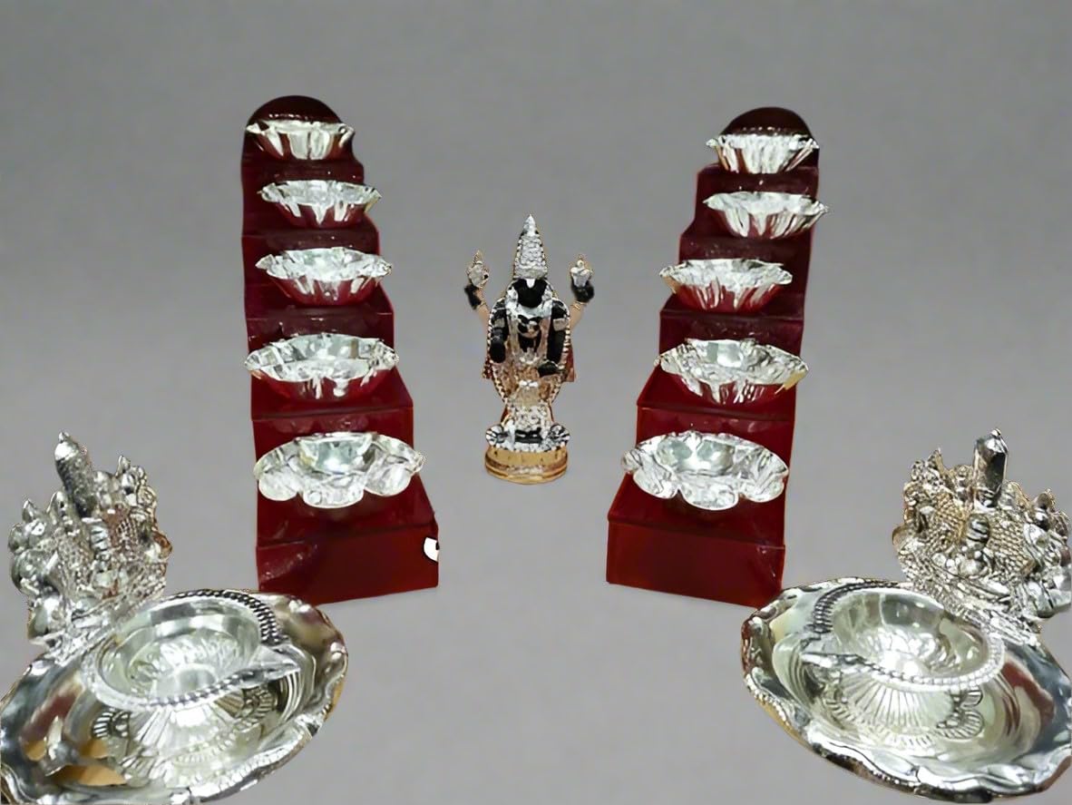 German Silver Diya's with Fiber Steps with Balaji Idol with Balaji Diya's Pooja Set
