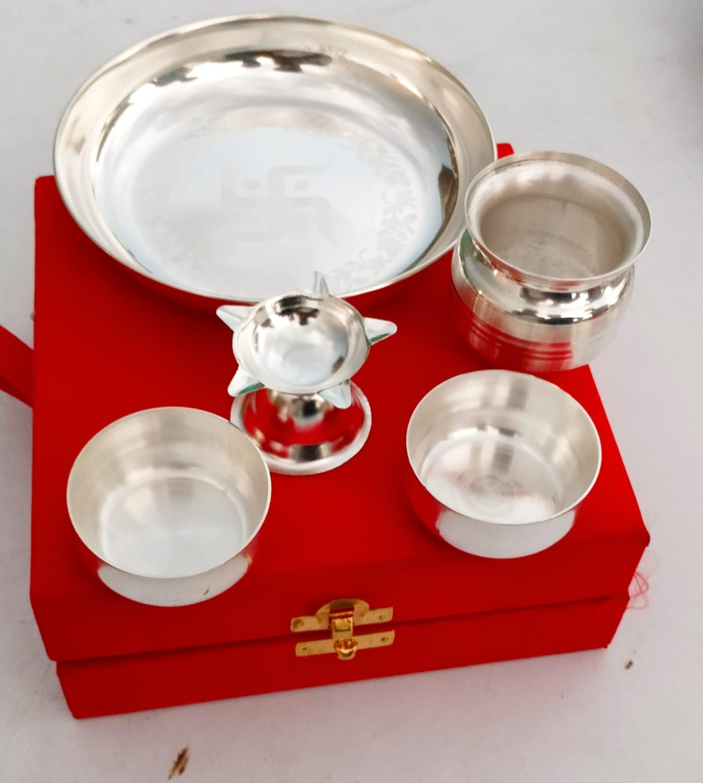 German silver puja thali combo set of 5 pieces in a red velvet box