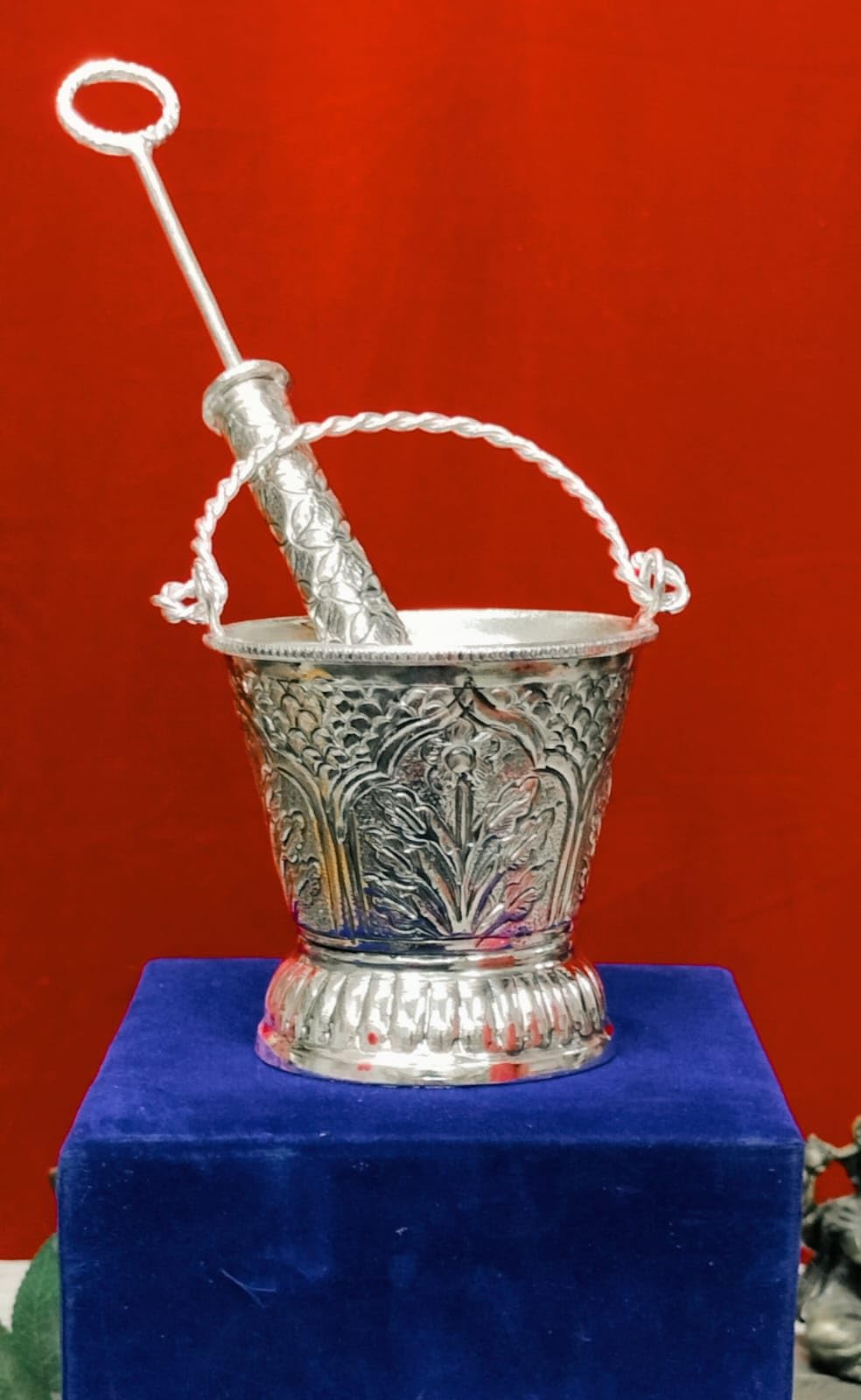 indiancraftsbykanika German Silver Holi Combo Bucket with pichkari in a Velvet Box, 271123d