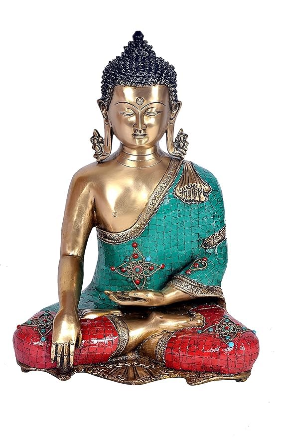 Brass Colorful Stone Work Meditating Buddha Statue Idol Home Decor/Gift Item