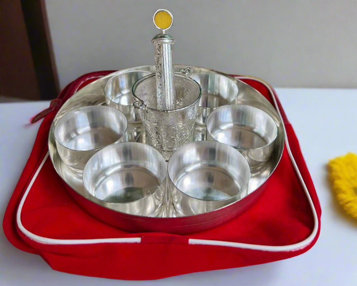 German Silver Small Holi Hamper Set Balti Pichkari Set with 6 vaatis/Bowls and Plate