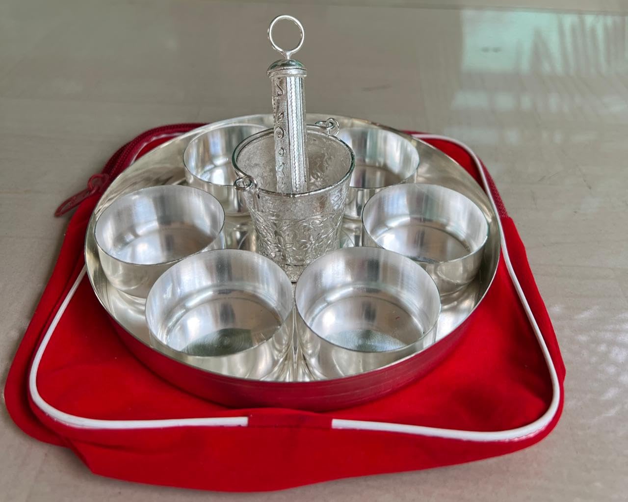 indiancraftsbykanika german silver HOLI HAMPER SET Balti Pichkari set with 6 vaatis and plate for holi festival, small