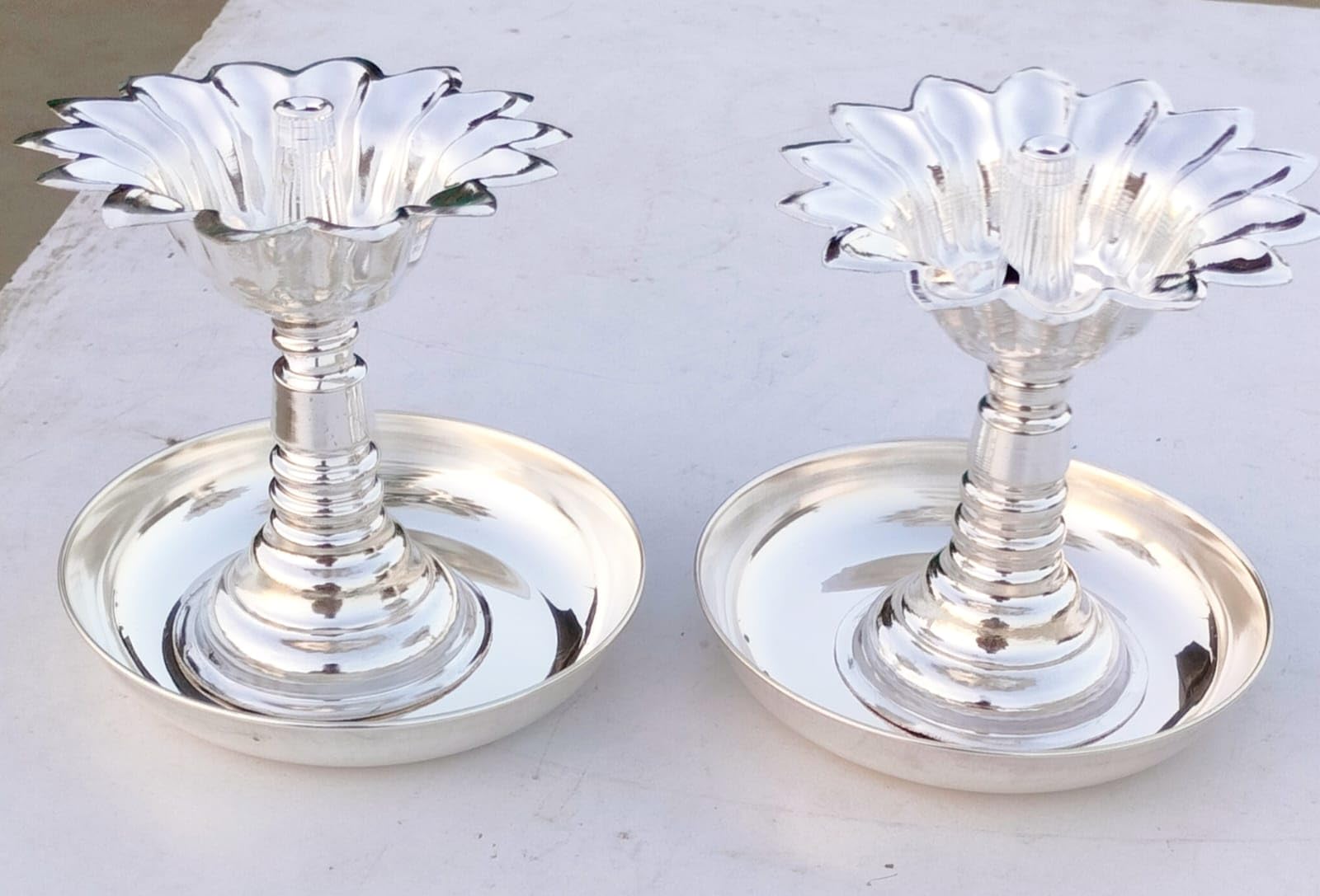 German Silver Big Size Lotus Diya with Plate Set