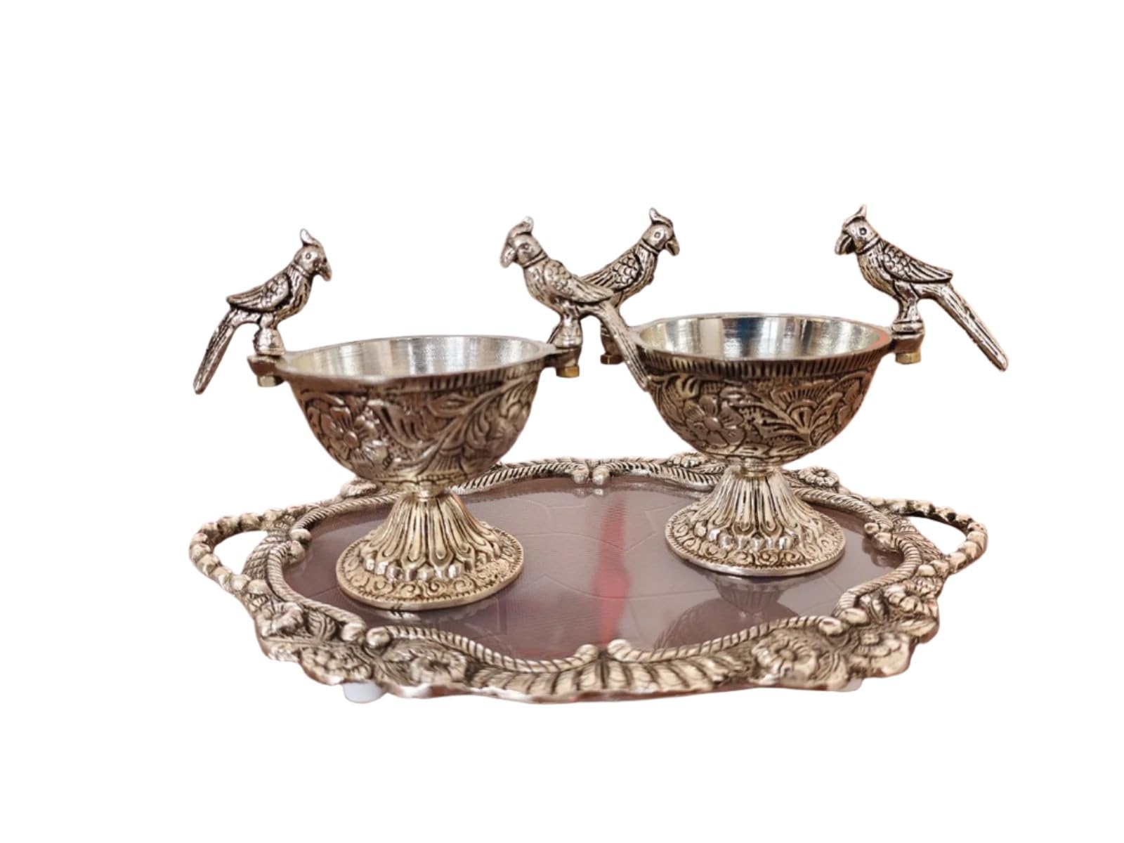 indiancraftbykanika German Silver Tray with 2 Parrot Bowls for Serving Snacks,Sweets, Gift Item