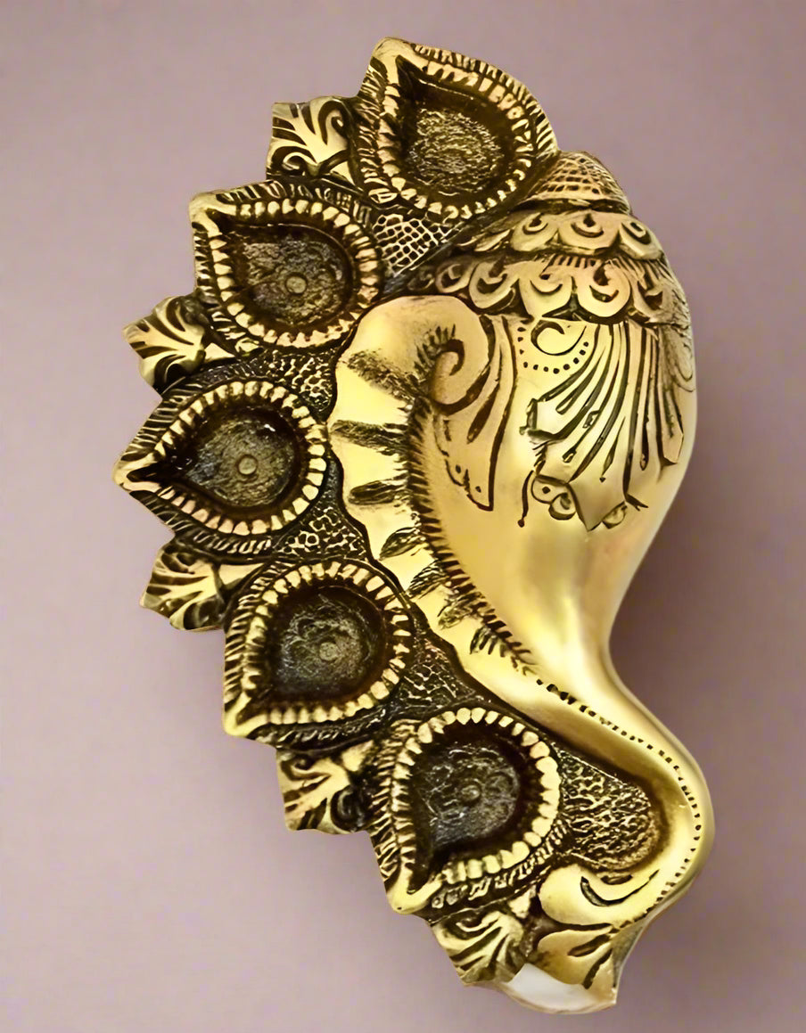 Brass Shank Diya with 5 Diya Fully Carved for Gift Item/Diwali Festival