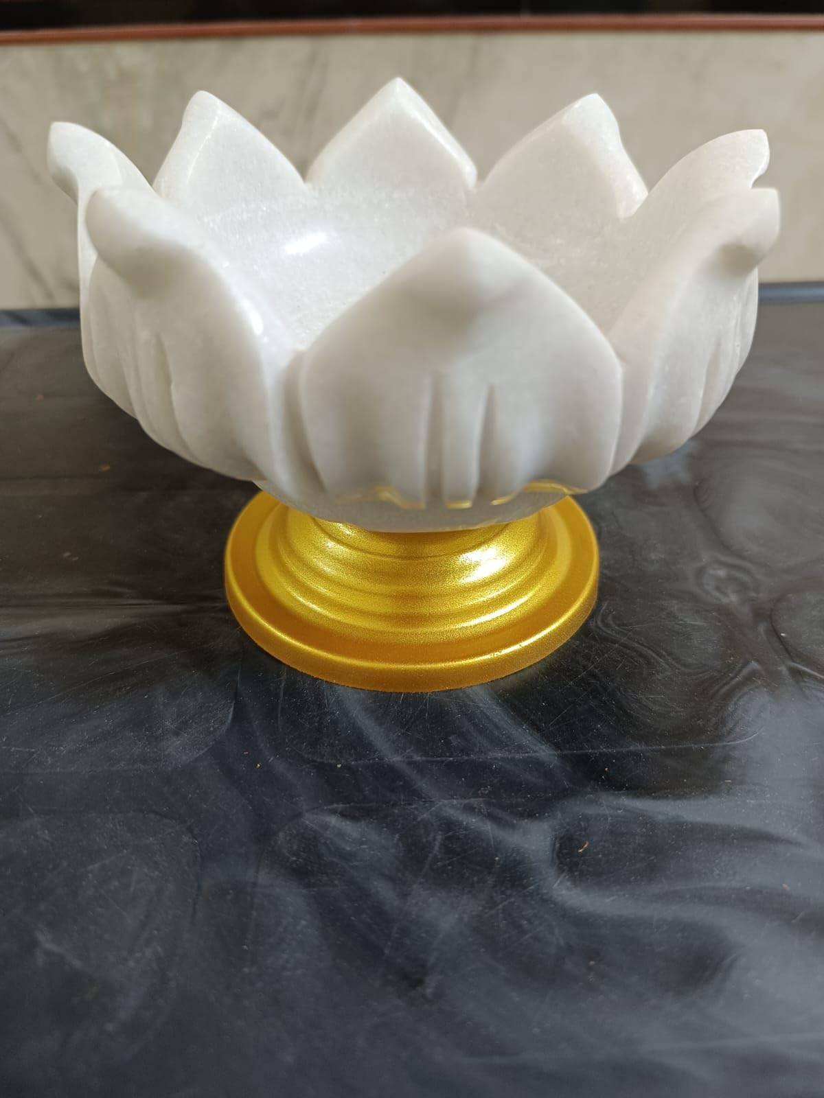 indiancraftsbykanika marble lotus shape set of 2 bowls with metal base for fruits/snacks/sweets/gift item/home decor, big, White, 100224o