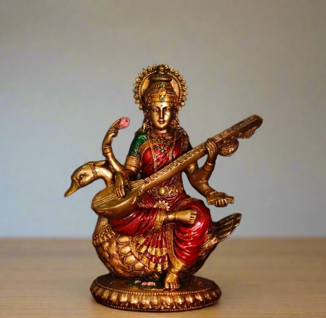 indiancraftbykanika Resin with Metal Finish saraswatiji Idol for Home/Office/Temple