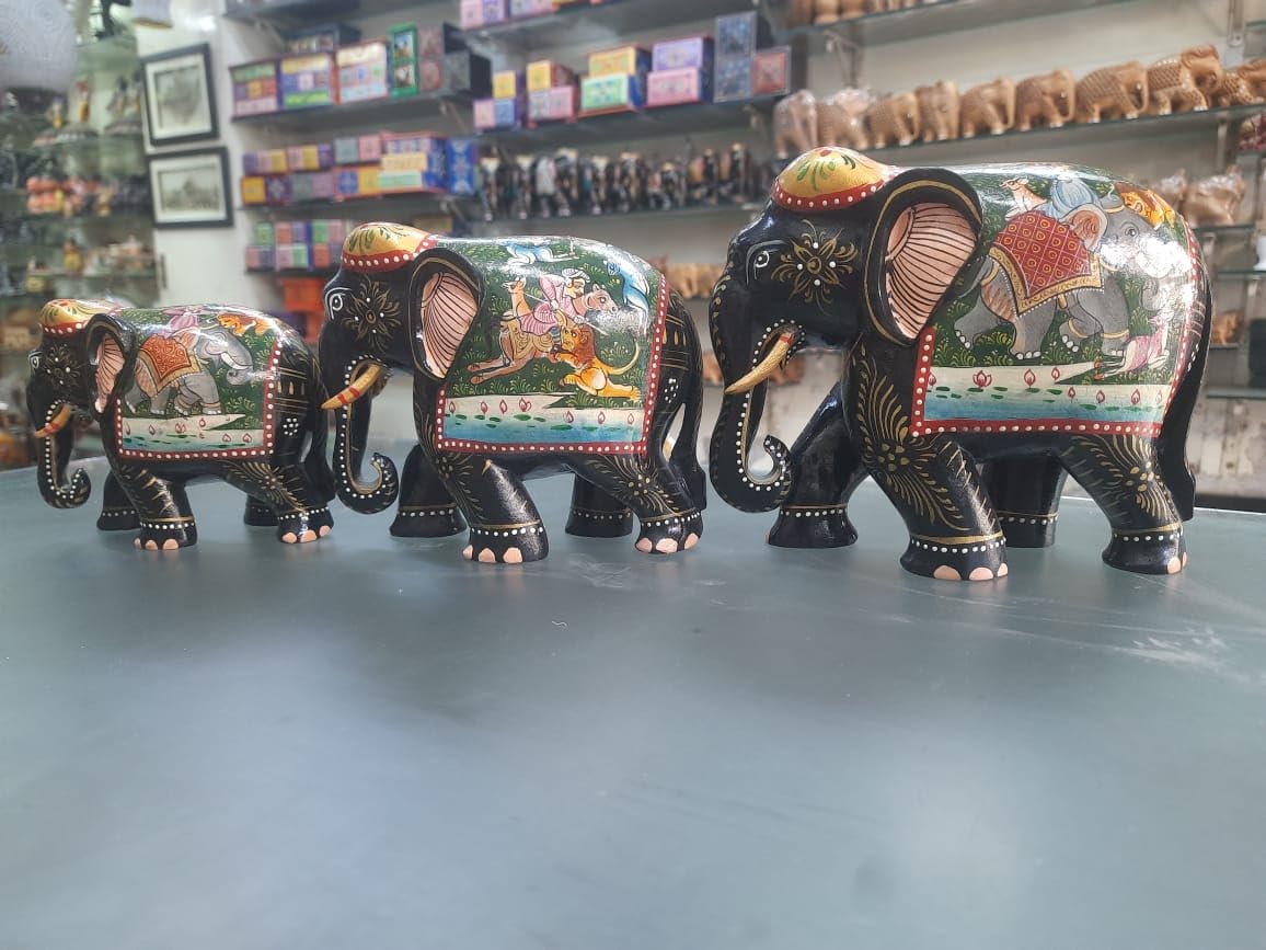 indiancraftsbykanika Wooden Hand Painted Rajasthani Elephant Set of 3 artefact in Home Decors/Statue/showpiece/Gift Item, 300124i