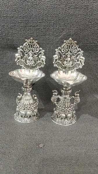 Silver Plated Antique Finish Lakshmi Diya with Elephant Motifs Diya Pair Set for Diwali Pooja/ Housewarming/ Gift Item/ Home Decor