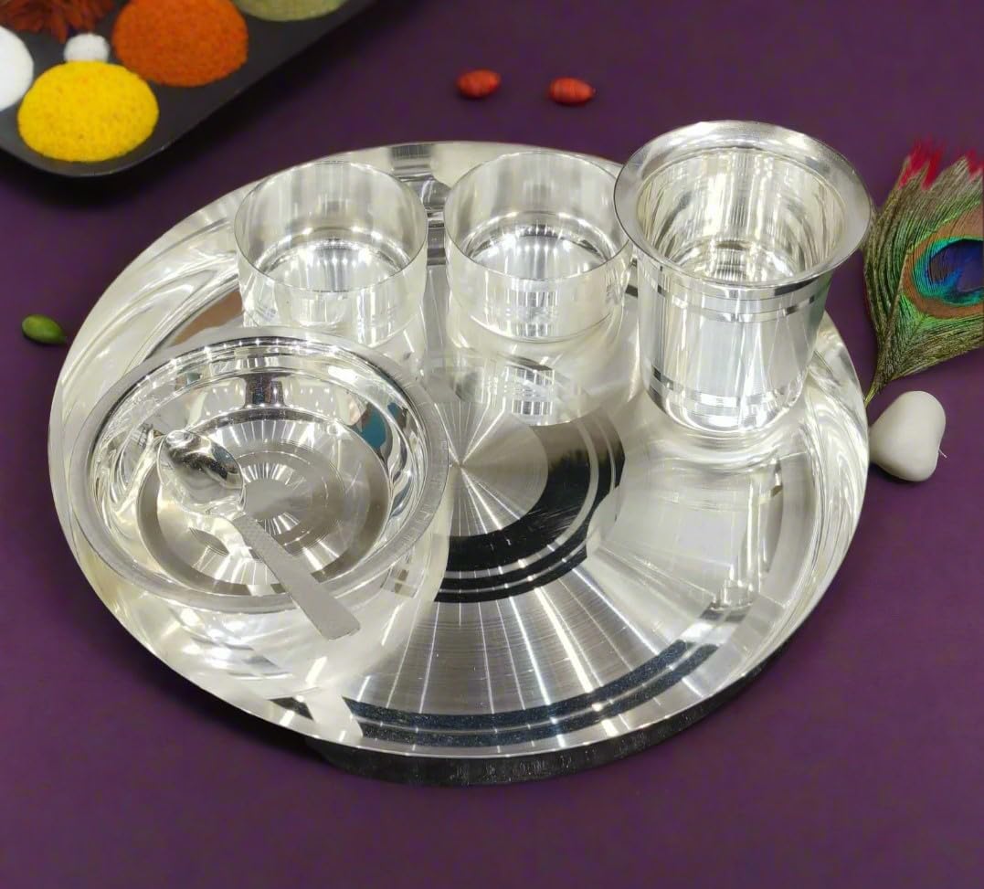 indiancraftbykanika Silver Plated Set of 6 Pieces Dinner Set for Home/Office/Pooja