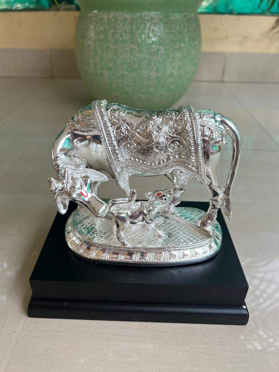 indiancraftsbykanika German Silver Cow and Calf with Stand for Home Decor/Gift Item/House Warming Pooja