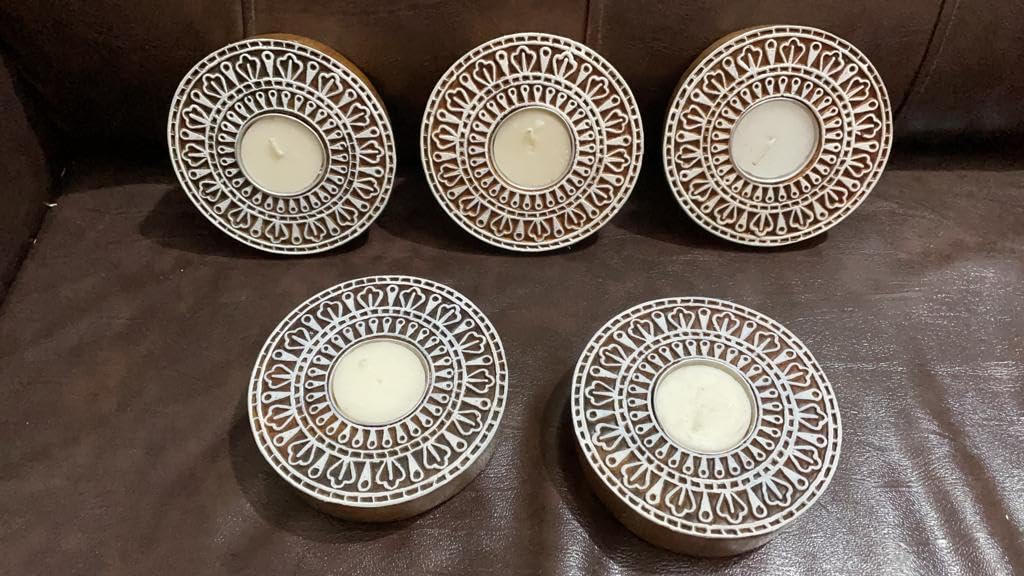 Round Shape Wooden Tea Light Holder Set of 10 Pieces with 50 Wax Tea Light for Home Decor