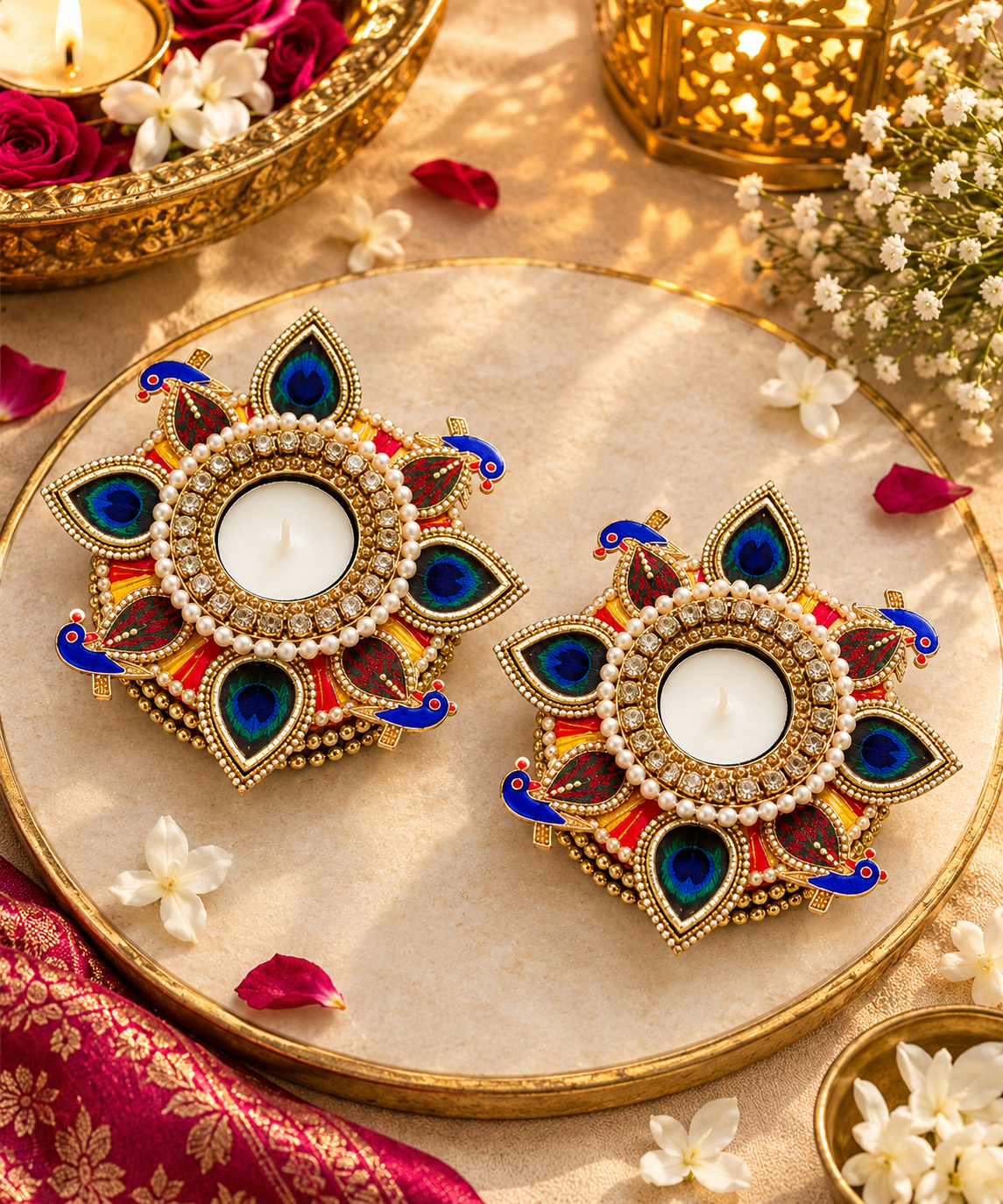 Set of 10 5-inch metal peacock feather tea light holders with golden beads and wax tea lights for Diwali and housewarming decor.