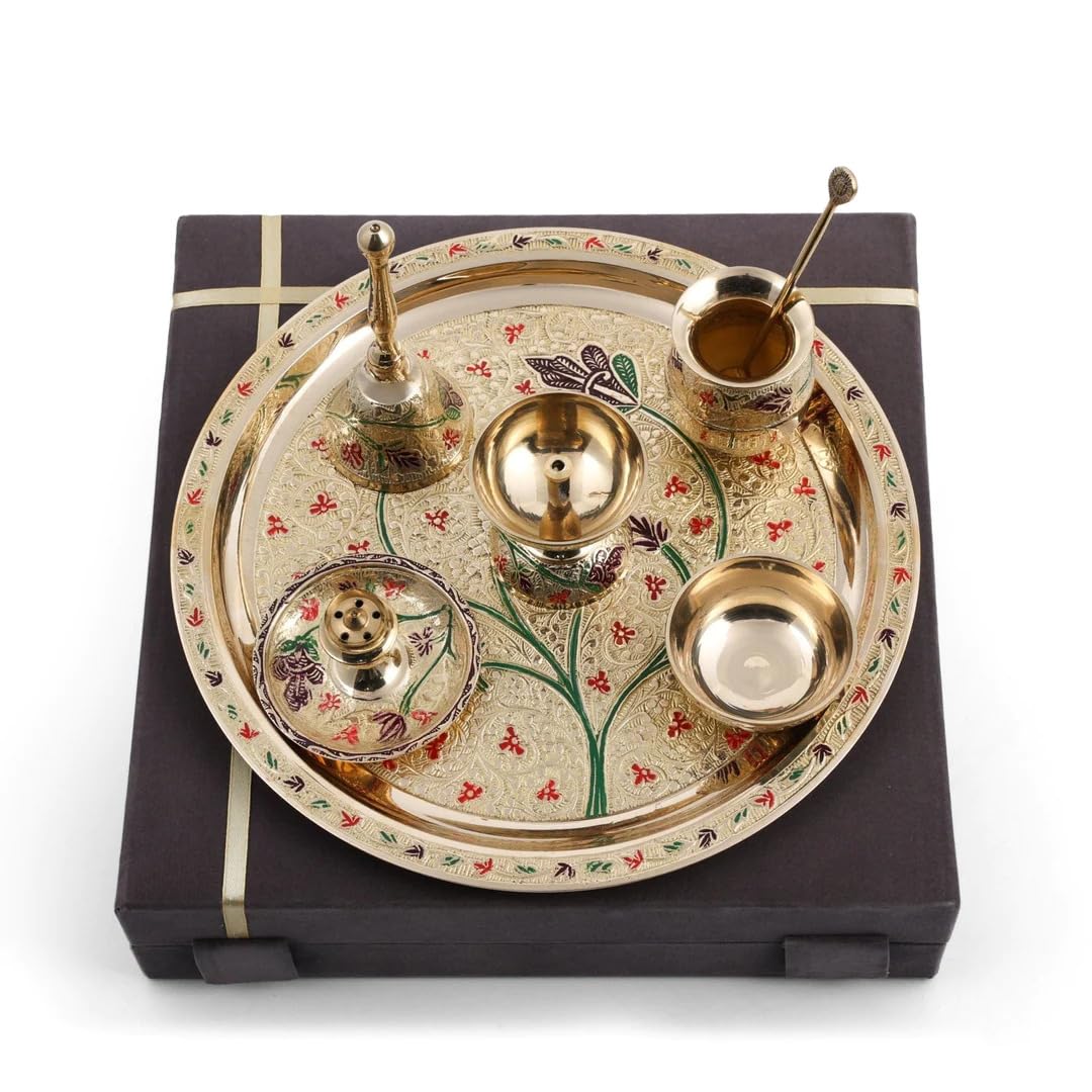 Brass Colorful Pooja thali Set- 7 Pieces