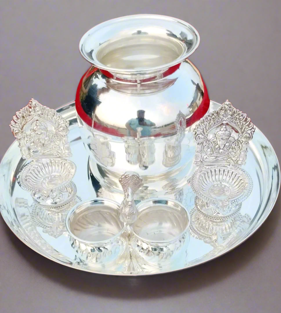 German silver regular use pooja set for Diwali/housewarming pooja