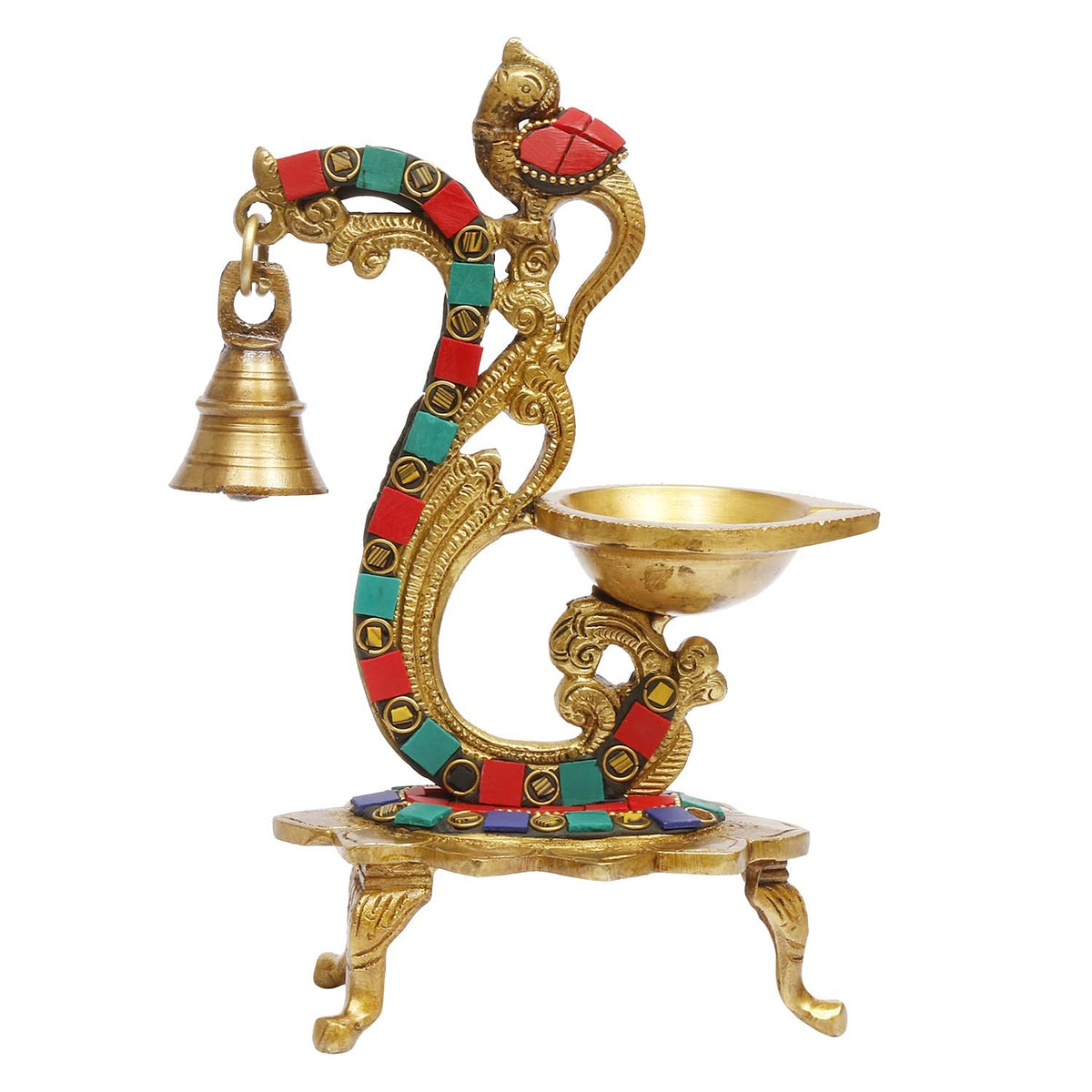 Brass Multicolor Bird Traditional Hanging Bell Diya Oil Lamp Stand Diwali Puja Home Office Temple, 8 Inches