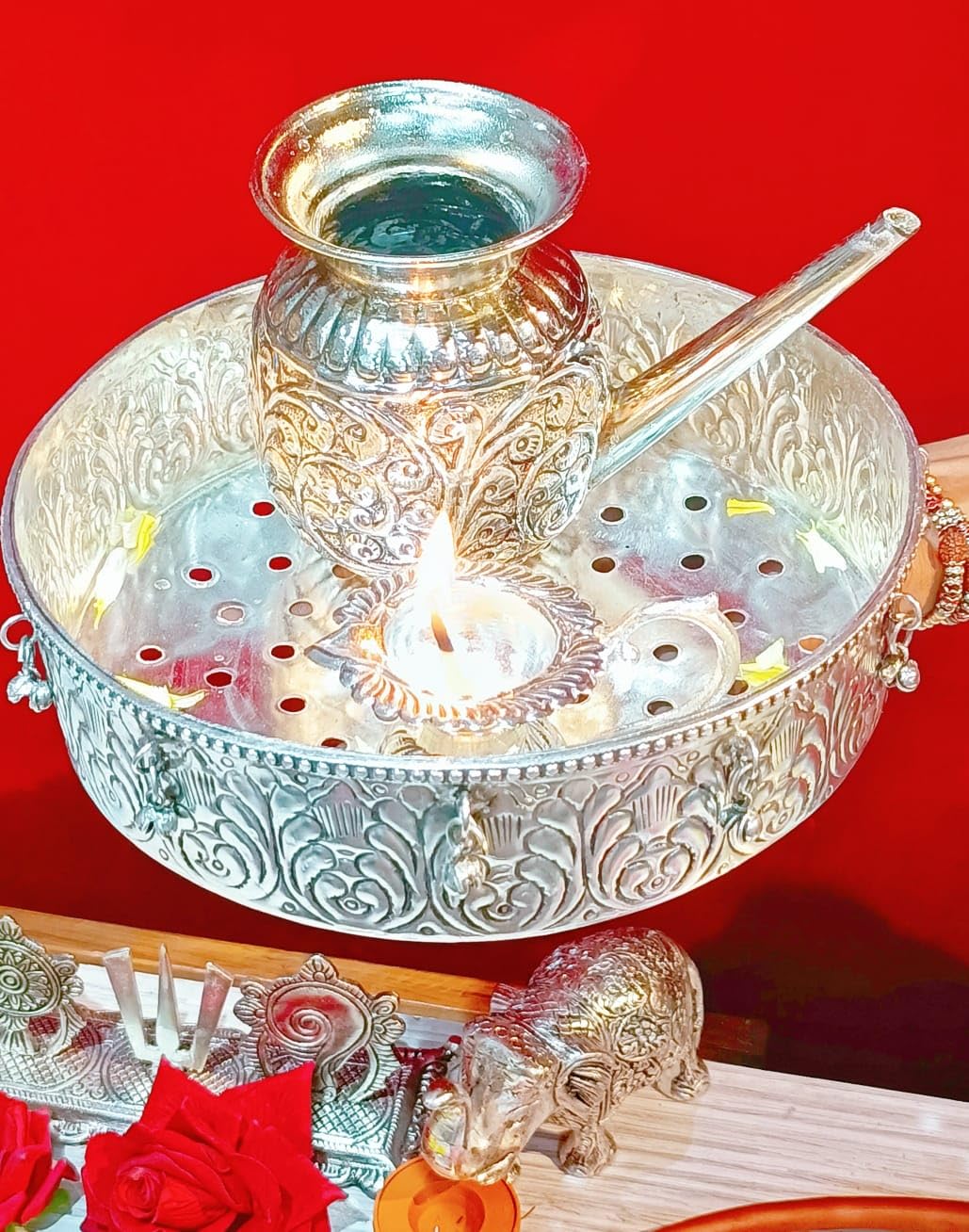 German Silver antique Finish karwachauth Combo of 3 Pieces for Diwali,