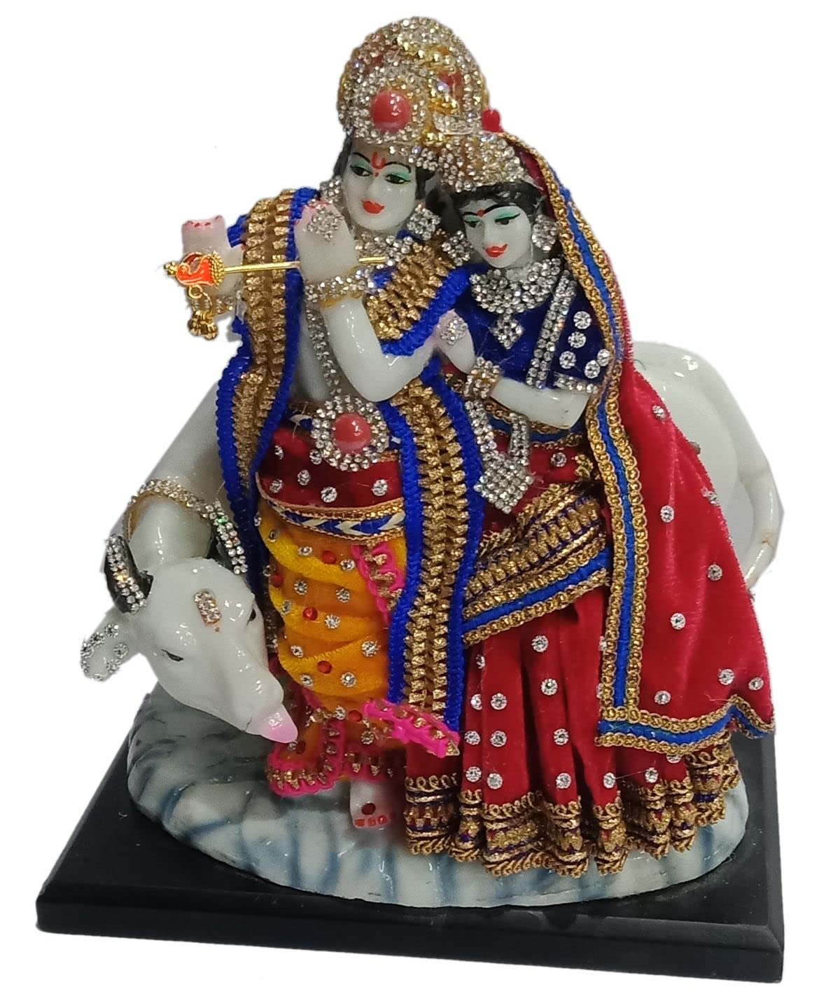Colorful Radha Krishan Statue with Stone Work and Cow for Home décor, Temple, Festival