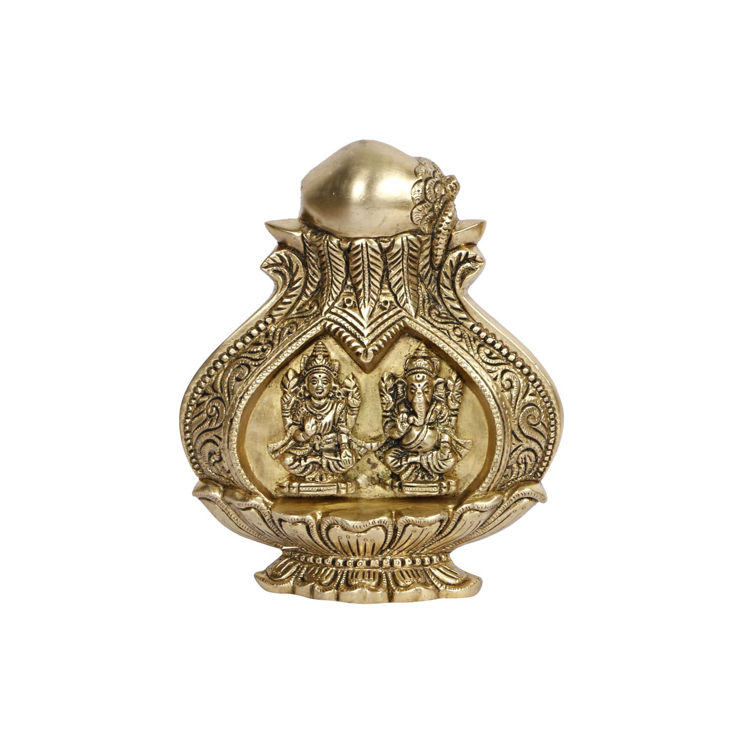 indiancraftsbykanika Brass lakhmi Ganesh Carved on a Fully Carved Kalash Wall Hanging/Table top showpiece/Home décor/Gift Item/Temple