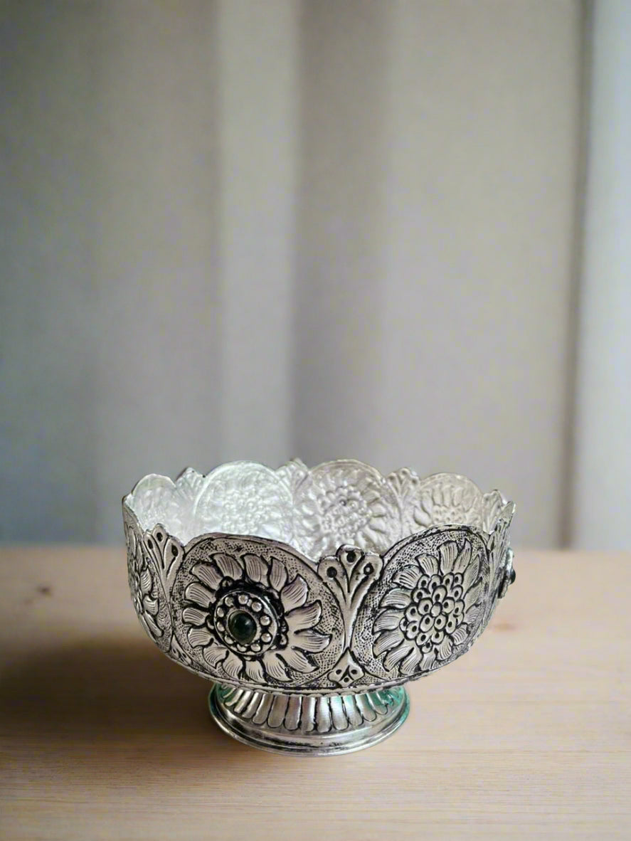 German silver Beautifully carved stand fruit/snacks bowl with stone work
