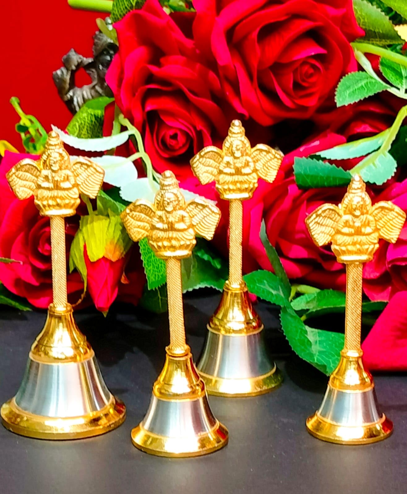 German Silver Gold and Silver Plated Garuda Bell/ghanti for Temple/give Away Gifts with Tissue Bags, Set of 10 Bells