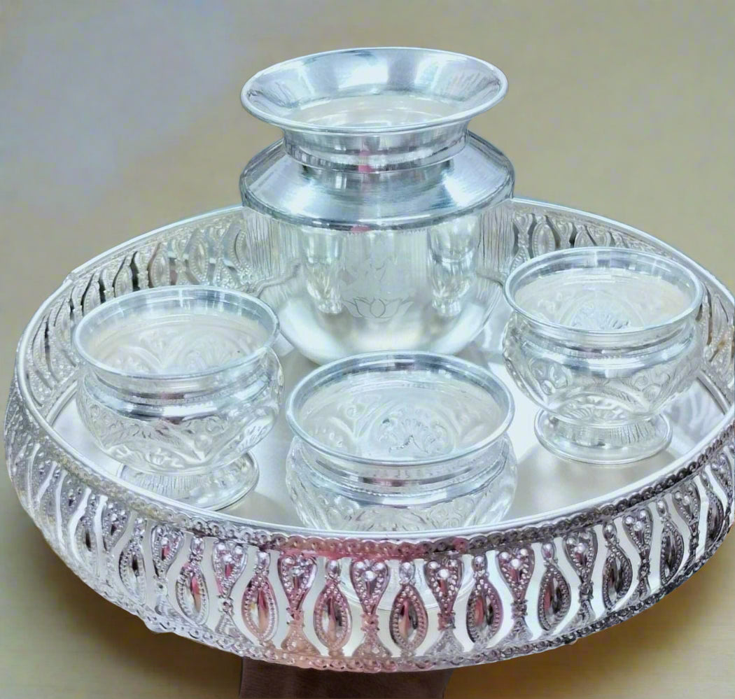 German Silver New Pooja Set- 5 Pieces Set/Tray Set with Bowls
