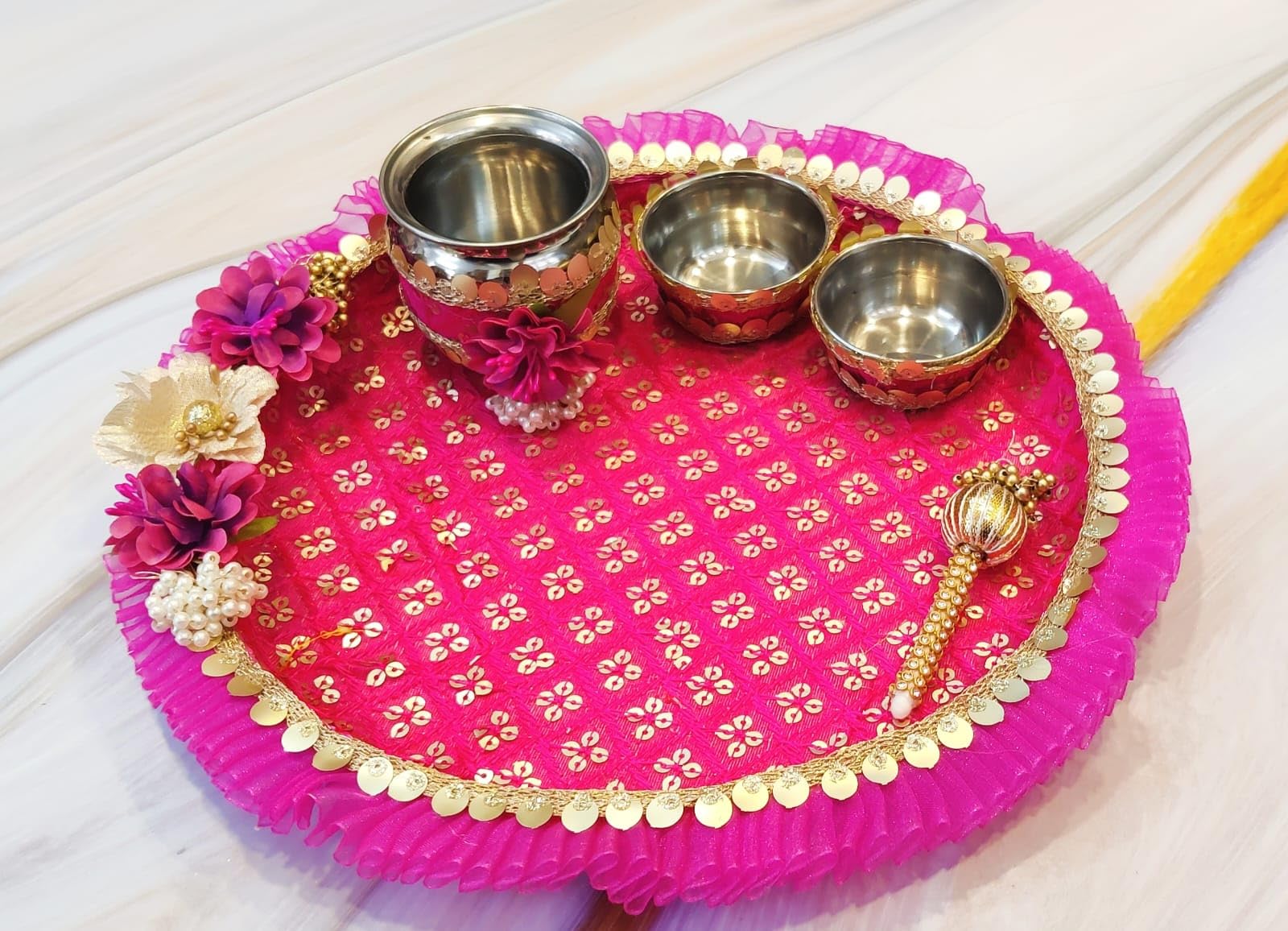 Pink Color Stainless Steel Pooja thali Set of 5 Pieces