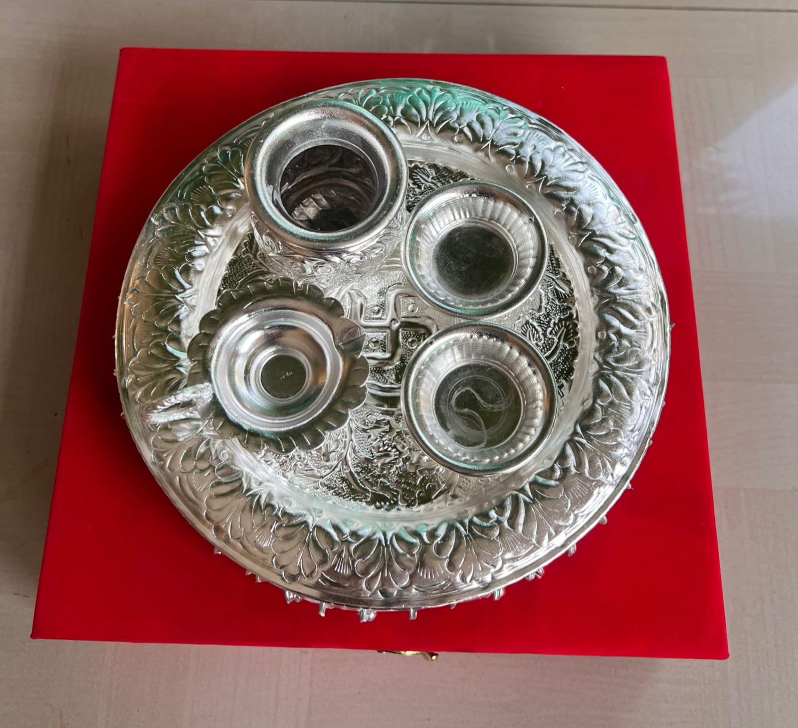 German Silver Pooja thali with ghunghroo in Gift Box