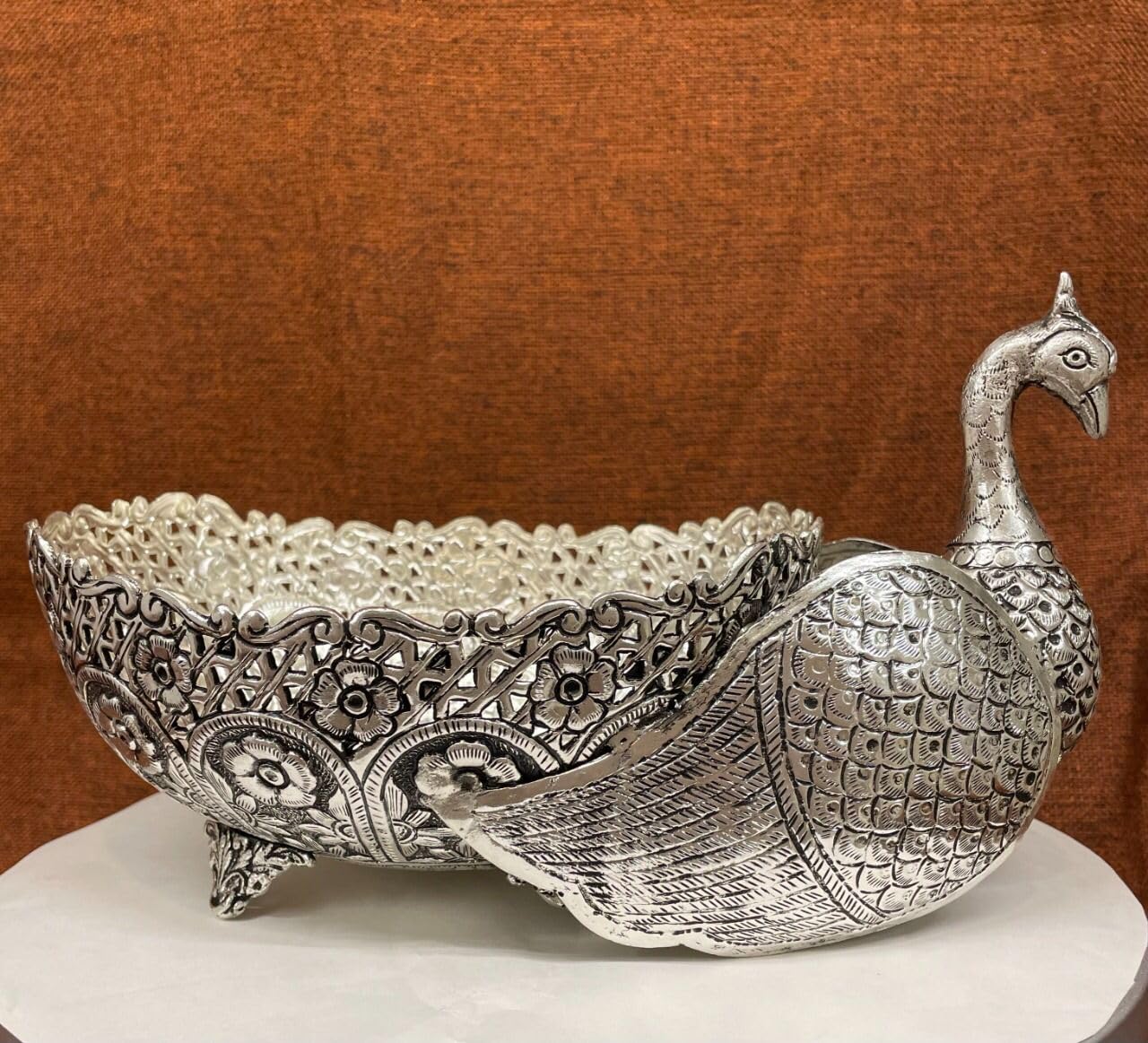 indiancraftsbykanika german silver Fine Carving Peacock bowl for snacks/gift item/home décor