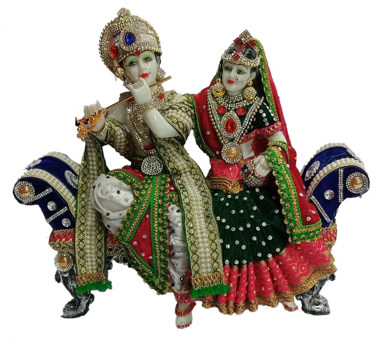 Colorful with Stone Work Radha Krishan Statue Sitting on Sofa Playing Flute Idol for Home décor,Temple, Festival