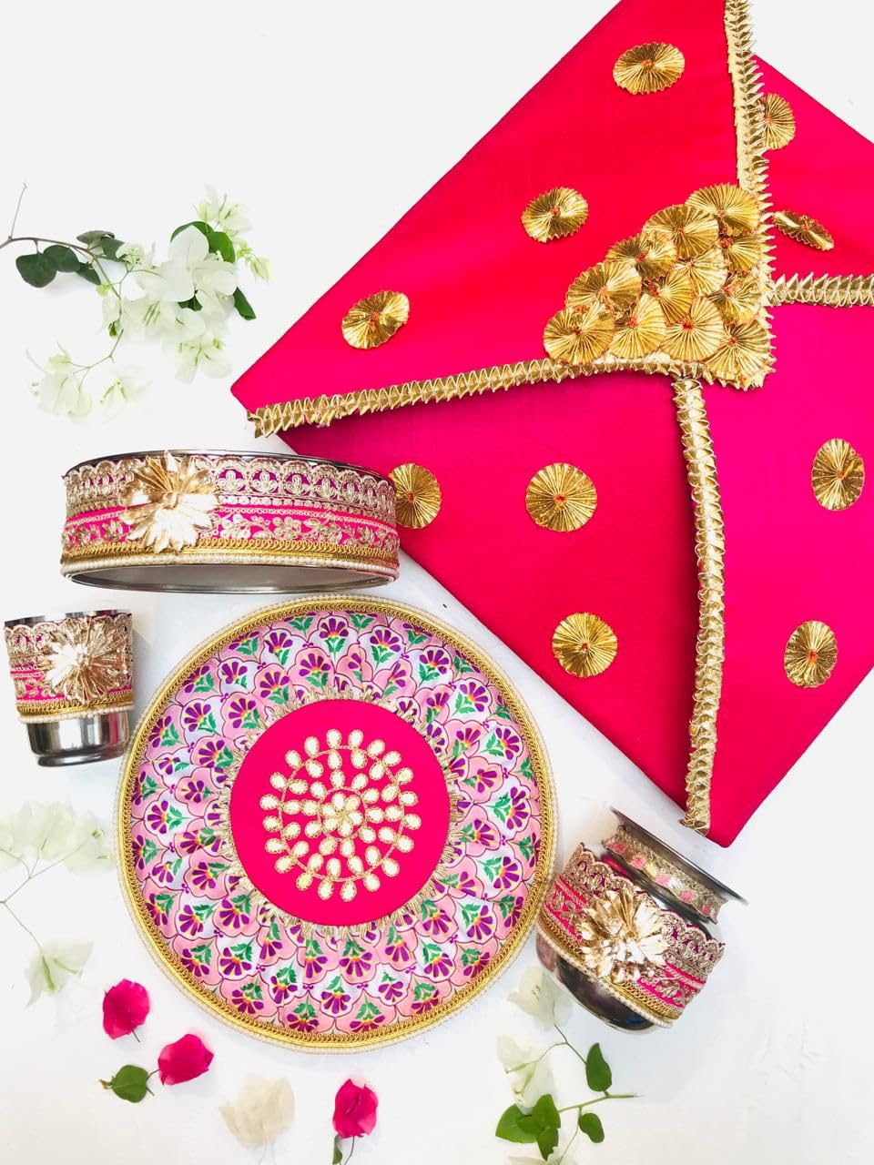 Karwacauth Combined Floral with Gota Work Pooja thali Set with gota wrap/Cover,