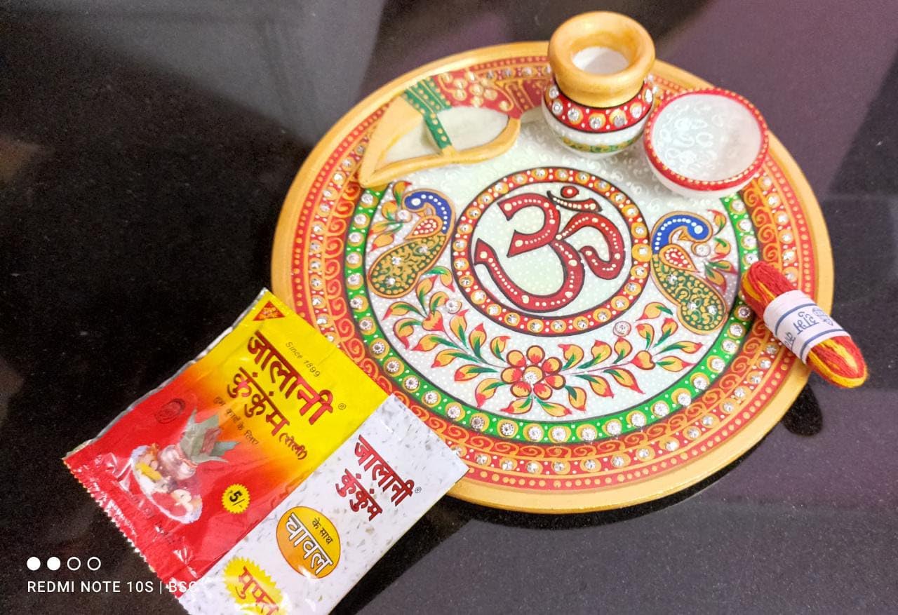 White Marble om Design Pooja thali Set of 4 Pieces for Pooja on Diwali Festival