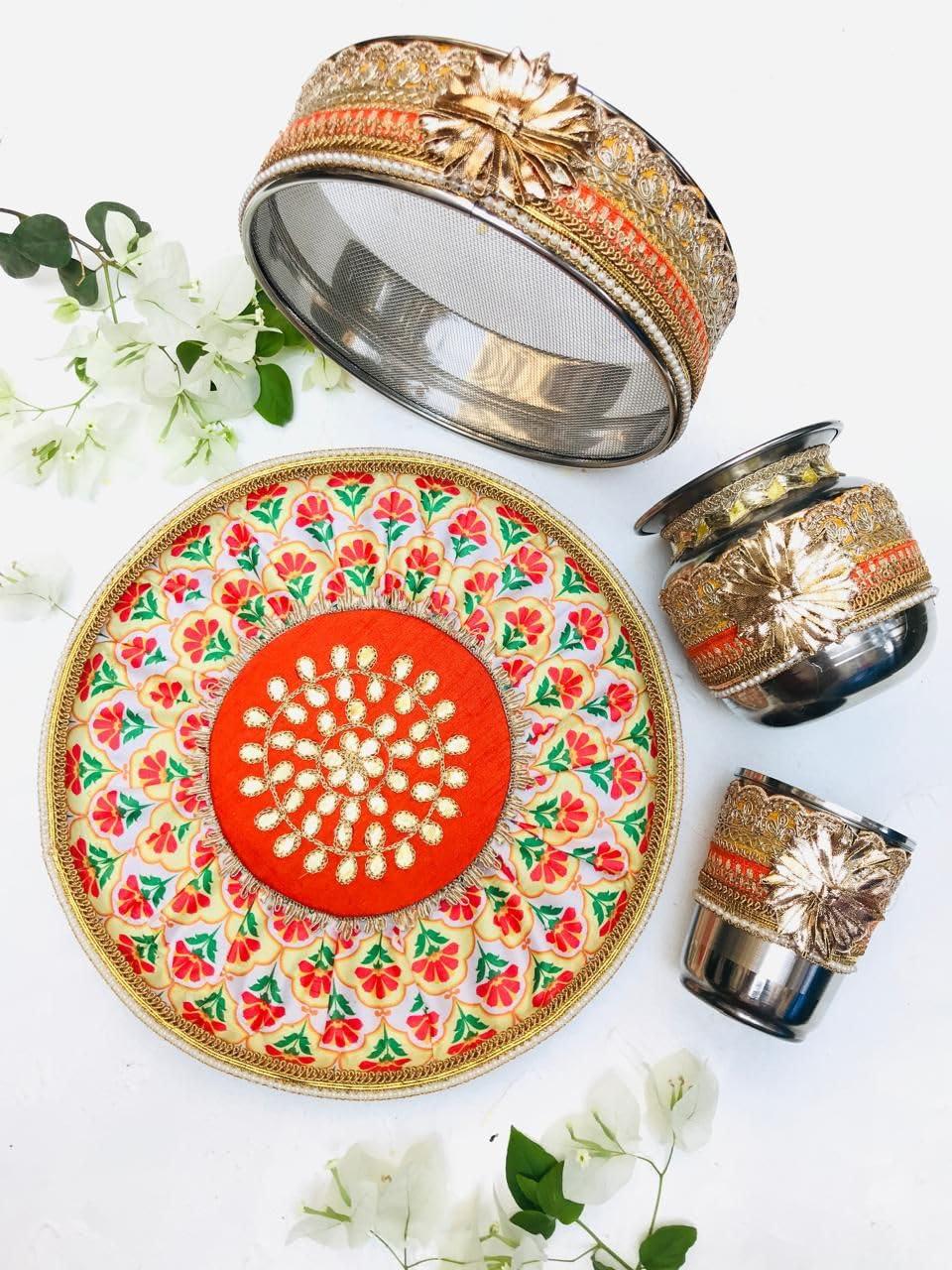 l Colorful Karwacauth Combined Floral with Gota Work Pooja thali Set, Color : red