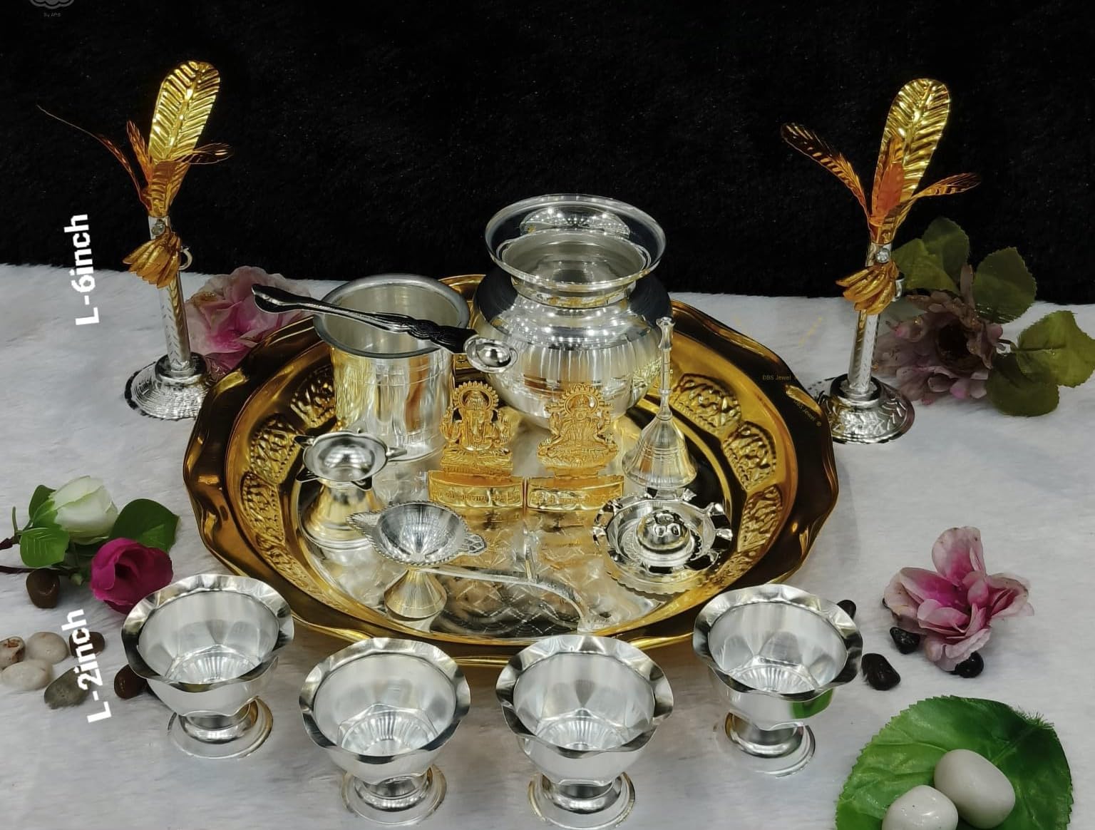 dual tone Silver and golden plated pooja set