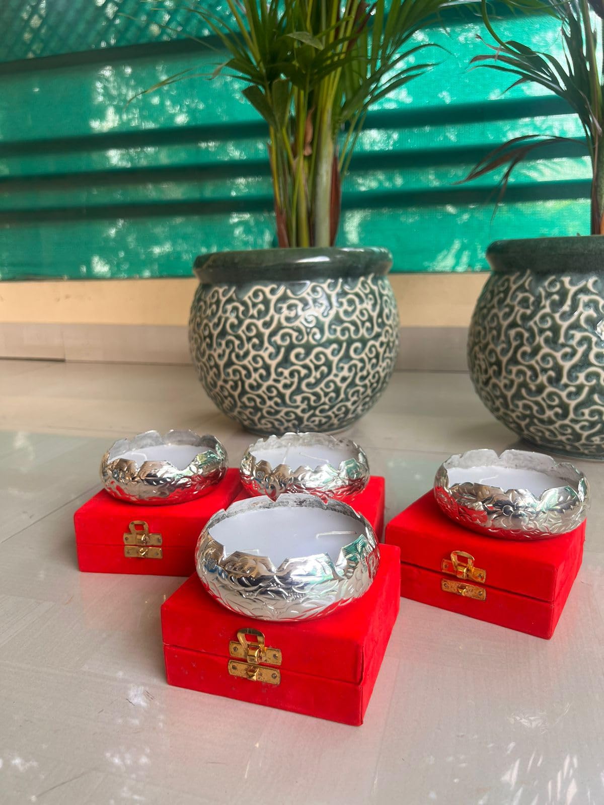 German Silver Set of 2 Pack with Velvet Box Candle for Home décor/Diwali/New Year