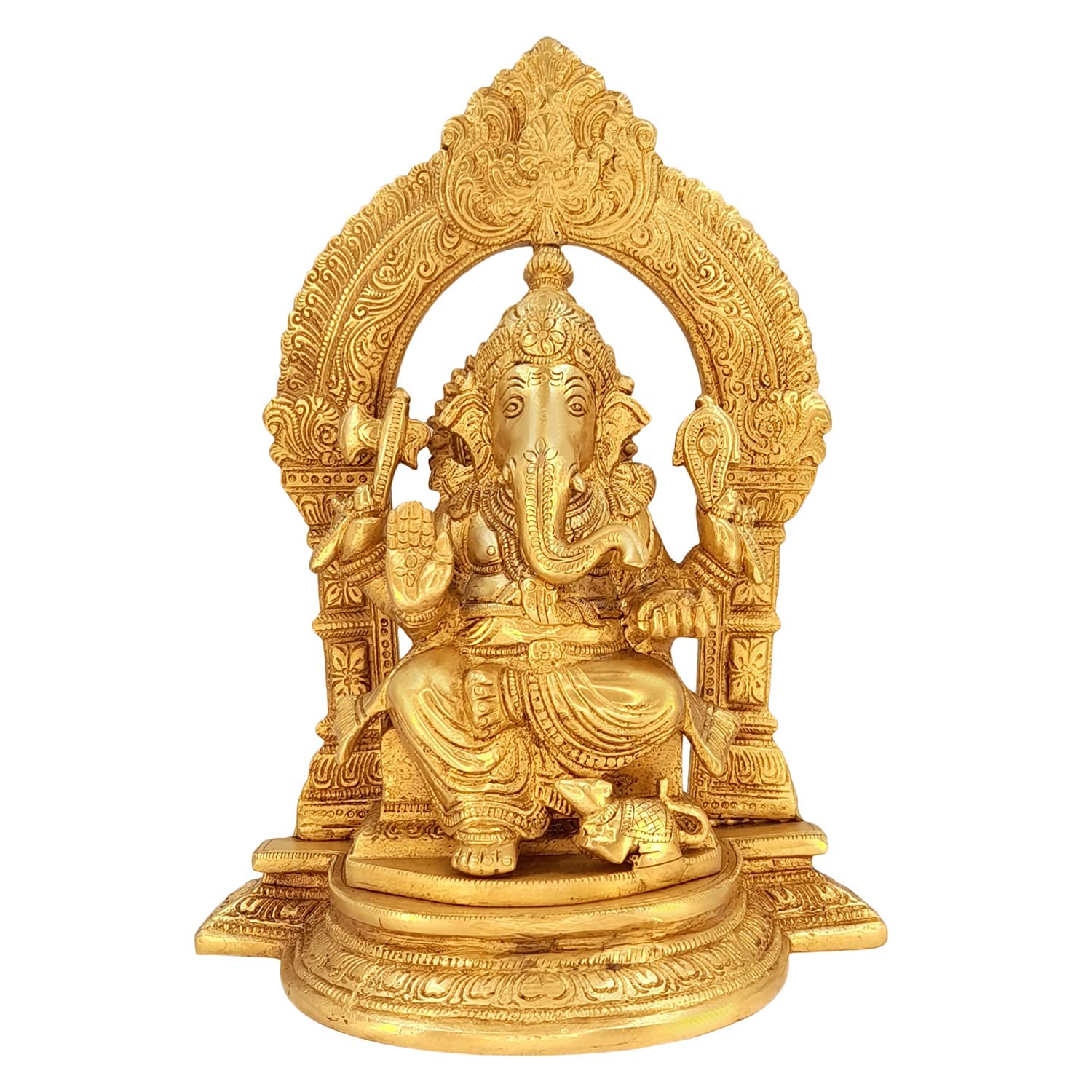 Brass Ganesh Idol Sitting on a sing Hasan with mushak/Rat Statue