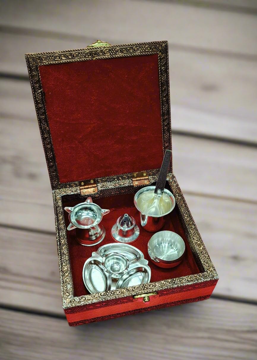 Wooden Premium Rajwadi Finished Box with Silver Plated Pooja Items.