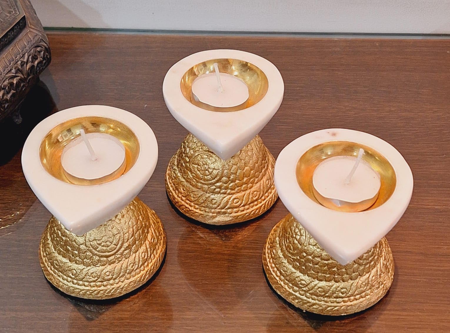 indiancraftbykanika Set of 3 Marble Tea Light Holder with Golden Metal Stand for Home décor with 6 Wax Tea Lights