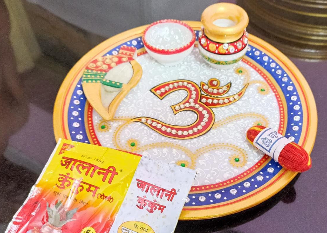 White Marble om Design Pooja thali Set of 4 Pieces for Pooja