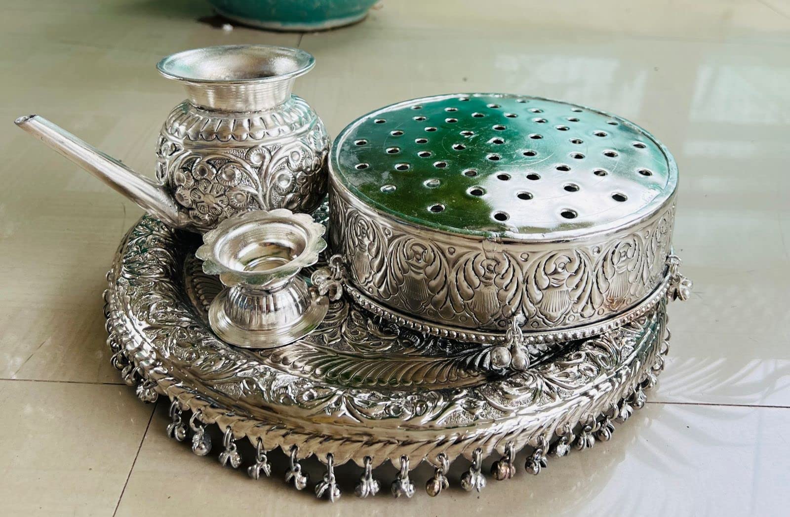 indiancraftsbykanika German Silver Karwa Chhalni Set with Thali and Deepam for karawachauth/Diwali/Rakhi
