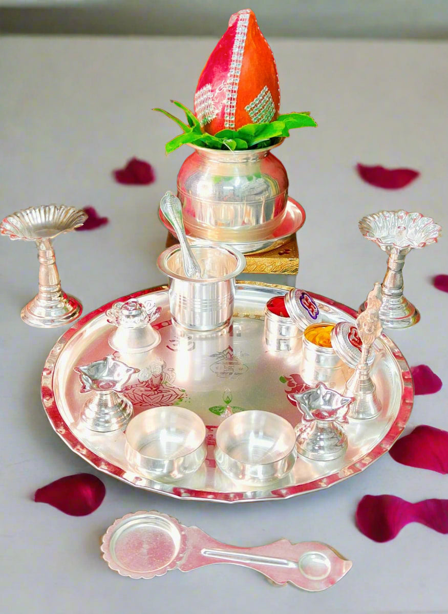 German Silver Pooja thali Combo Set of 15 Pieces Set