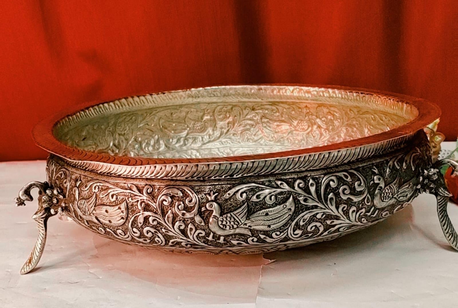 German silver fully carved peacock urli bowl