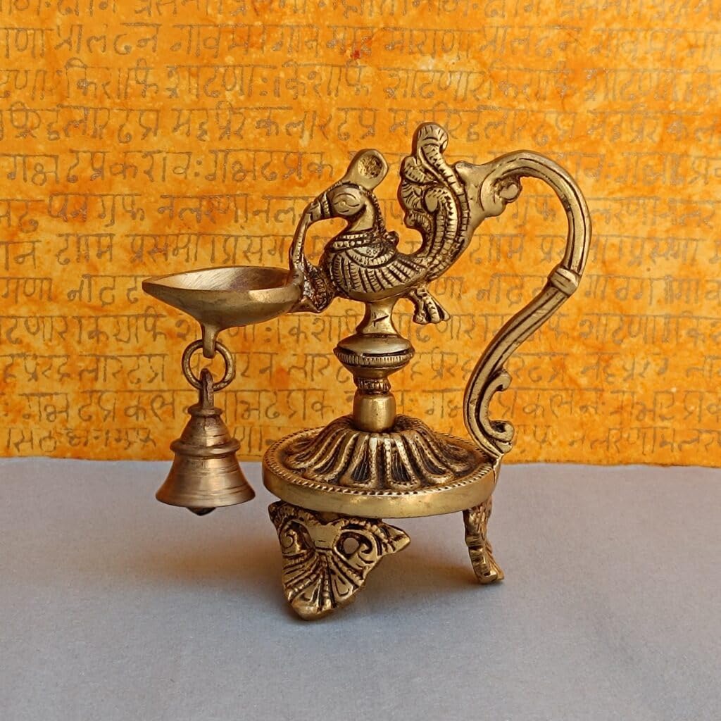 Brass Peacock Diya with Bell Fully Carved with Legs showpiece/Gift Item
