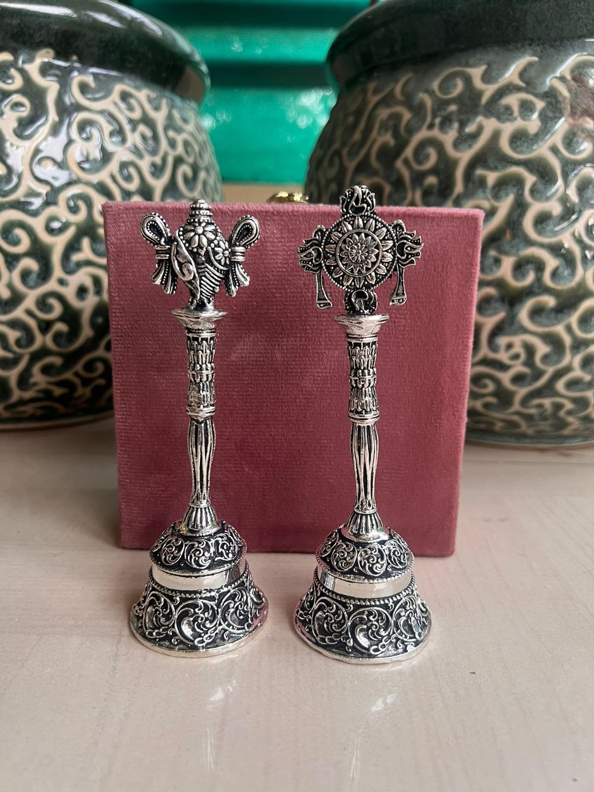 German Silver Fully Carved Antique tirupati Govind namalu/shaunku Bells, Set of 2 Bells