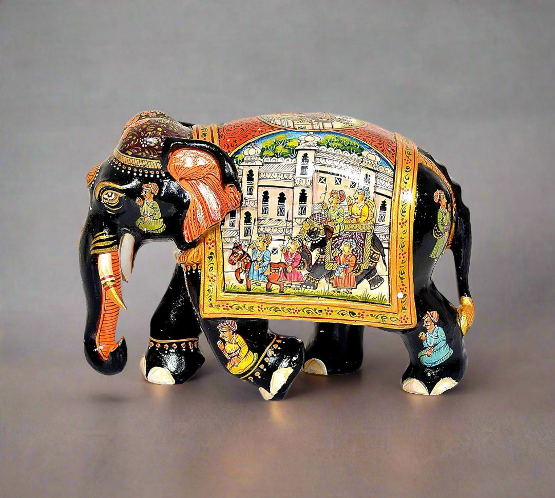 Wooden Elephant Statue for Home Decor Gifting Item | Multicolor | Height : 6.5 inches