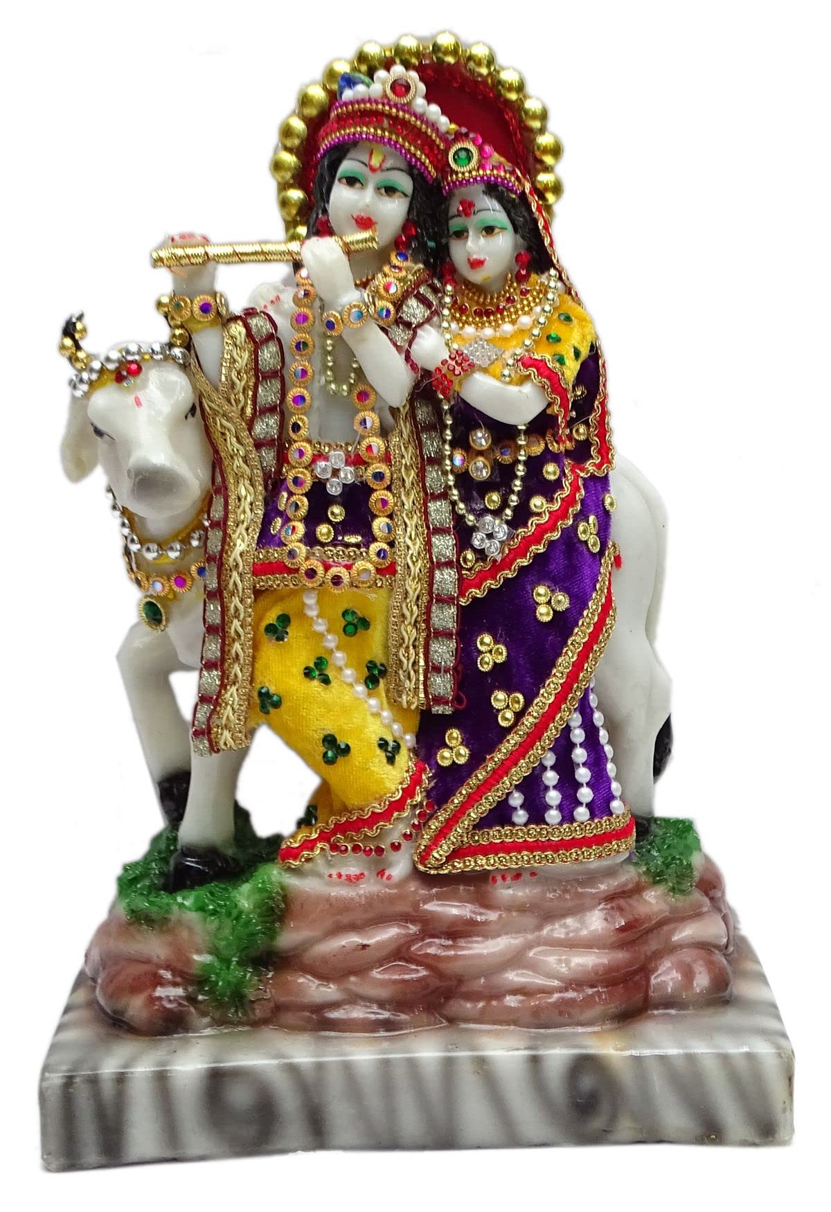 Colorful Radha Krishan Statue with Cow and Stone Studded Idol Playing Flute for Home décor, Temple