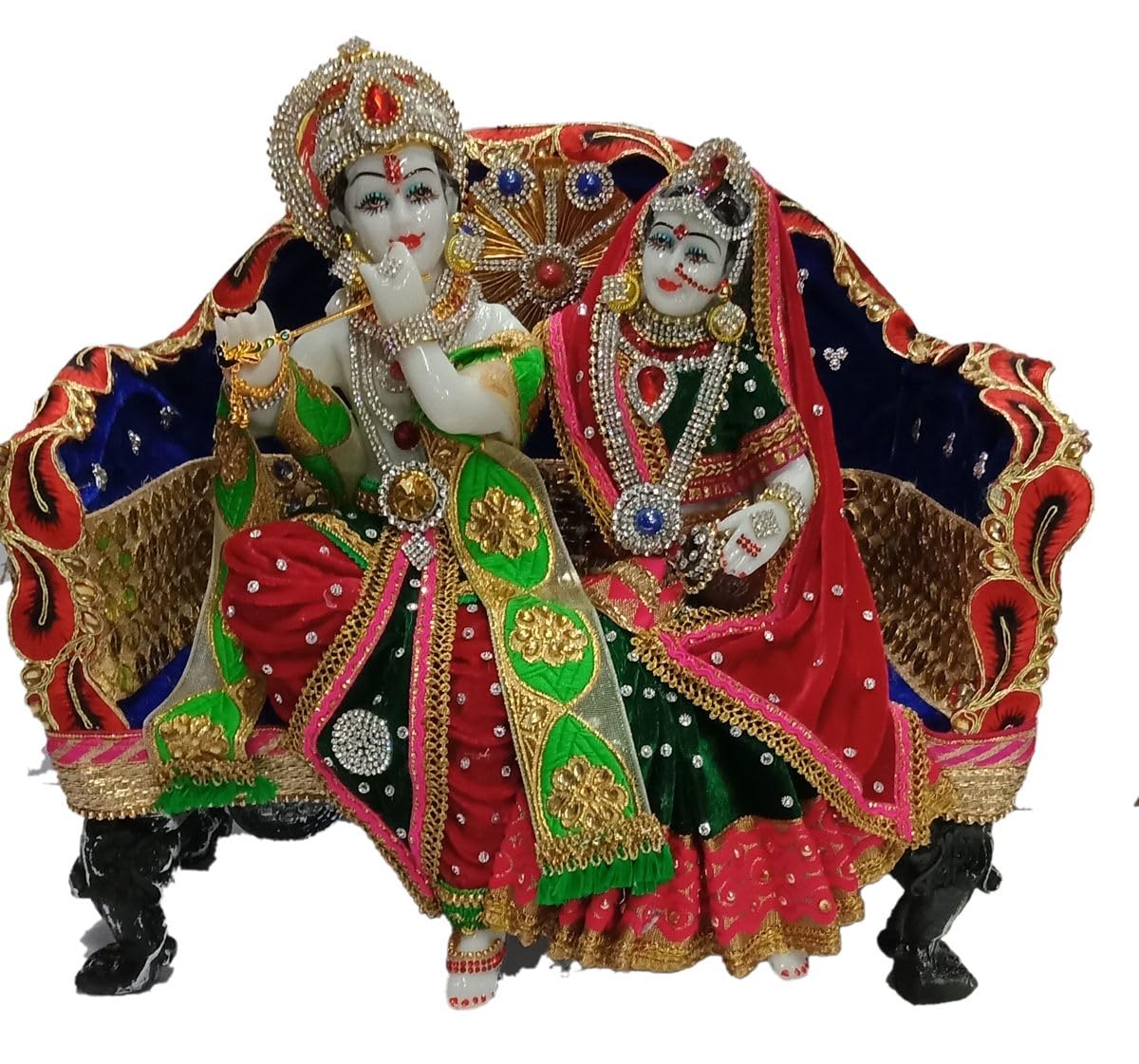 Colorful with Stone Work Radha Krishan Statue Sitting on Sofa Playing Flute Idol for Home décor,Temple