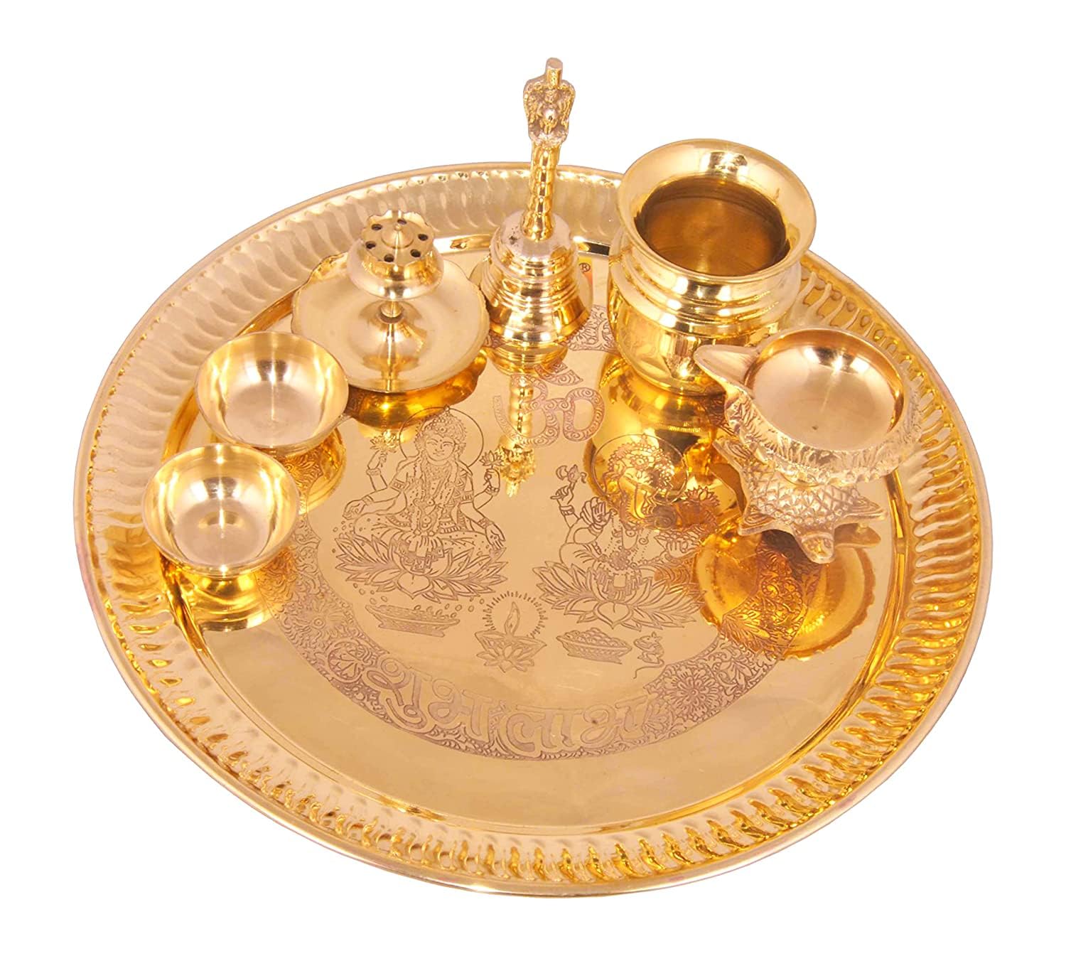 Brass Lakshmi Ganesh Shubha lab Carving Pooja thali Set-
